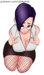  1girl asymmetrical_hair big_breasts black_hair fishnets glasses heart-shaped_pupils kneel mika_jiro milf miniskirt my_hero_academia on_knees short_hair 