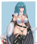  2_girls alluring alternate_costume athletic_female big_breasts bikini_armor blue_eyes breasts byleth_(fire_emblem) byleth_(fire_emblem)_(female) caprednahu clothed edelgard_von_hresvelg female_abs female_only fire_emblem fire_emblem:_three_houses fit_female multiple_girls nintendo shield silver_hair stockings sword teal_hair 