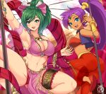  1girl 2_girls areola ass breasts dark-skinned_female dark_skin female_only fire_emblem lene_(fire_emblem) looking_at_viewer looking_back multiple_girls nipples revolverwingstudios shantae shantae_(character) stripper_pole 