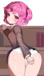 1girl ass before_sex bending_over big_ass big_ass blue_skirt booty bubble_butt condom condom_in_hand doki_doki_literature_club dokomon female_only from_behind huge_ass huge_ass looking_at_viewer looking_back natsuki_(doki_doki_literature_club) panties pigtails pink_eyes pink_hair pov school_uniform schoolgirl shiny_skin short_hair sideboob skirt skirt_lift small_breasts underwear upskirt white_panties