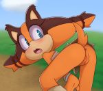 1girl anthro anus ass badger black_nose blue_eyes blush bottomless brown_fur butt eyelashes fur hearlesssoul no_panties no_underwear pussy sonic_(series) sonic_boom sticks_the_jungle_badger tail vagina