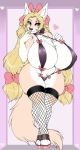 1girl 2018 anthro big_breasts bikini blonde_hair breasts canine chest_tuft clothing colored_nails digital_media_(artwork) fishnet_legwear fishnets fluffy_tail fox furry hair hair_bow hair_ribbon high_res huge_breasts inner_ear_fluff legwear lingerie long_hair looking_at_viewer mammal niis pigtails ribbons sling_bikini swimsuit tuft voluptuous