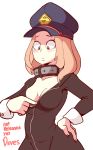 1girl animated animated_gif blonde_hair blush bodysuit bouncing_breasts breasts breasts_out_of_clothes bursting_breasts camie_utsushimi clavicle collar diives embarrassed female female_only first_porn_of_character gif hand_on_hip hat high_resolution medium_breasts medium_hair my_hero_academia navel nipples no_bra simple_background slender_waist solo tsurime unzipped wardrobe_malfunction white_background wide_hips wrist_cuffs