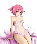  1girl 1girl bawdy bed blush choker doki_doki_literature_club female_focus female_only frown hair_ornament hair_ribbon lingerie natsuki_(doki_doki_literature_club) no_bra no_panties on_bed pillow pink_eyes pink_hair sheer sheer_clothing sitting solo_female solo_focus tagme 