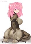 1girl 1girl alternate_breast_size ass big_breasts blush bodysuit bubble_butt doki_doki_literature_club female_only huge_ass kneel lewddoodler looking_back natsuki_(doki_doki_literature_club) pink_hair