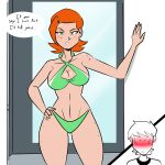 1boy 1girl ben_10 ben_tennyson big_breasts bikini blush breasts bwen cartoon_network cleavage cousins curvy freckles frostbiteboi funny green_bikini green_eyes gwen_tennyson hand_on_hip nose_blush orange_hair sexy shiny shiny_skin short_hair sweating wide_hips