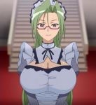 1girl bangs blue_clothes breasts cleavage glasses green_hair hanyuu_mizuki hentai huge_breasts long_hair looking_at_viewer maid maid_headdress night_of_the_vampires outside purple_eyes smile vampire_(ova)