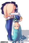 1girl 1girl 1girl aqua_(konosuba) artist_name ass assentlov bare_shoulders bent_over blue_eyes blue_hair blue_skirt boots detached_sleeves high_heel_boots high_heels kono_subarashii_sekai_ni_shukufuku_wo! legs long_hair nopan shoes skirt stockings thigh_grab thigh_high_boots white_background white_legwear