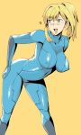 1girl ahegao big_breasts blonde_hair blue_eyes blush breasts covered_nipples erect_nipples grabbing_own_ass leaning_forward legs looking_back madkaiser metroid open_mouth ponytail samus_aran zero_suit