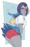  ass buruma cosplay costume_switch dc_comics dcau grey_skin high_resolution looking_at_viewer looking_back non-nude raven_(dc) sakura_kasugano sakura_kasugano_(cosplay) school_uniform skirt skirt_lift standing street_fighter teen_titans triplexmile wind wind_lift 