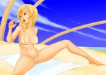  beach bikini blonde_hair blue_eyes eating kingdom_hearts kingdom_hearts_ii micro_bikini namine navel nipples open_mouth partially_visible_vulva popsicle swimsuit towel white_bikini 