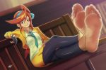  1girl ace_attorney athena_cykes barefoot blue_eyes feet legs_crossed long_hair pov scamwich soles toes 