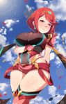 1girl alluring armor bangs big_breasts cleavage curvy earrings exlic forehead_jewel from_below gloves hair_ornament heroine nintendo outside pyra red_eyes red_hair short_hair shorts thigh_high_boots thighs xenoblade_(series) xenoblade_chronicles_2