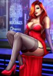 1girl breasts clothed dress earrings female female_only flowerxl garter_straps gloves green_eyes hair_over_one_eye high_heels jessica_rabbit legs long_gloves long_hair looking_at_viewer red_dress red_hair red_high_heels redhead sitting solo stockings thighs who_framed_roger_rabbit