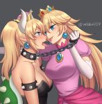 big_breasts bowser bowsette breasts cleavage collar female leash mylovelydevil princess_peach saliva slave slave_collar slave_leash super_mario_bros. tongue yuri