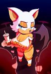 <3 1girl 2018 anthro arm_under_breasts bat beverage big_breasts black_nose blue_eyes breasts cleavage clothed clothing eyelashes fast_food footwear full_body furry hair high_res hooters legwear lipstick makeup mammal membranous_wings pouting rouge_the_bat sega shoes signature solo_focus sonic_(series) white_hair wildblur wings