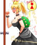 1girl 1girl 1girl apotei armlet bangs bare_shoulders between_legs big_breasts black_dress blonde_hair blue_eyes blush bowsette bracelet breasts cleavage clenched_hand collar collarbone crown door doorknob dress earrings embarrassed english_text eyebrows_visible_through_hair from_side hand_between_legs hand_up have_to_pee horns japanese_text jewelry mario_(series) new_super_mario_bros._u_deluxe nintendo nose_blush open_mouth peeing peeing_self ponytail profile sharp_teeth shiny shiny_hair simple_background speech_bubble spiked_bracelet spiked_collar spikes standing strapless strapless_dress super_crown sweat tears teeth tied_hair translation_request trembling urine_meter white_background