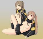  2_girls 2girls areola arm_support bangs belt black_belt black_bow black_gloves black_jacket black_legwear black_scarf black_skirt bow breasts brown_hair censored eyebrows_visible_through_hair female_only fingerless_gloves girls_frontline gloves gradient gradient_background hair_bow hair_ornament hairclip high_resolution hood hooded_jacket jacket kneehighs looking_at_viewer medium_breasts microskirt multiple_girls navel nipples no_bra nopan one_side_up open_clothes open_jacket pleated_skirt pussy red_eyes scar scar_across_eye scarf scwibbles siblings sidelocks sisters skirt spread_legs stomach tied_hair twin_tails twins ump45_(girls_frontline) ump9_(girls_frontline) very_high_resolution yellow_eyes 