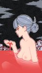 1girl akairiot bangs bathing blood blunt_bangs breasts cleavage cloud completely_nude ears female_only female_solo hair_bun high_resolution in_profile medium_breasts nipples nude original outside partially_submerged red_eyes silhouette silver_hair skull skull_pile smile tied_hair