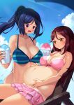 2_girls belly_button big_belly big_breasts bikini blue_hair blush cleavage long_hair love_live! love_live!_school_idol_project love_live!_sunshine!! matsuura_kanan ponytail pouting pregnant purple_eyes red_hair sakurauchi_riko skirt sweat swimsuit thighs yellow_eyes