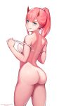 1girl :q ass back bare_back bare_shoulders bottomless bra bra_pull bra_strap breasts darling_in_the_franxx eyeshadow from_behind green_eyes high_resolution horns long_hair looking_at_viewer looking_back makeup medium_breasts off_shoulder pink_hair rear_view red_horns shiny shiny_hair shiny_skin simple_background standing sweat thighs tongue tongue_out tsurime underwear very_high_resolution white_background white_bra white_underwear wuguno_ziran_juan zero_two_(darling_in_the_franxx)