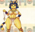 1girl 2018 :< animal_crossing ankh ankha ankha_(animal_crossing) anthro blue_hair breasts cat clothing digital_media_(artwork) egyptian feline furry hair loincloth looking_at_viewer mammal nintendo shinsuke short_hair translucent transparent_clothing underwear video_games