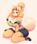  1girl 1girl 2018 animal_crossing anthro bell blonde_hair breasts canine cleavage clothed clothing dog footwear fully_clothed furry hair headband high_res isabelle_(animal_crossing) mammal midriff nintendo one_eye_closed secretly_saucy shih_tzu shoes super_smash_bros sweat thick_thighs video_games 