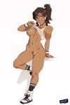  1girl adidas avatar:_the_last_airbender bare_shoulders belly black_legwear black_socks blue_eyes bottomless brown_hair dark-skinned_female dark_skin female_only female_solo high_resolution korra legs long_hair muscle muscular_female navel nipple_piercing nude owler piercing ponytail pubic_hair shirt shirt_lift shoes smile socks the_legend_of_korra thighs tied_hair white_shirt white_shoes wristband 