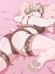 1girl anthro ass glasses gray_hair hair_bun lingerie looking_at_viewer mature_female pillow polar_bear short_tail