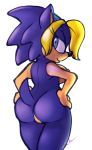 bernadette_the_hedgehog hands_on_hips looking_at_viewer purple_fur sideboob smile sonic_(series) white_background yellow_hair