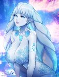  1girl anthro artist_name bedroom_eyes big_breasts blue_eyes breasts bunny_ears cleavage dahlia_(xenoblade) female_only fur large_breasts leaning_forward long_hair looking_at_viewer patreon_username pinkladymage rabbit smile snow solo_female tattoo white_hair xenoblade_(series) xenoblade_chronicles_2 