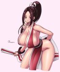  1girl 1girl 1girl blush breasts brown_eyes brown_hair cleavage erect_nipples fan fatal_fury fuckable hot huge_breasts insanely_hot long_hair matching_hair/eyes no_bra no_panties onomeshin ponytail sexy shiranui_mai sideboob smile 