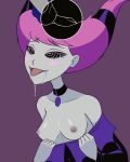  1girl blush breasts dc_comics dcau drooling gif green_skin grin horny hypnotic_eyes hypnotized jinx medium_breasts necklace pink_hair raven_(dc) saliva shirt shirt_down short_hair teen_titans tongue tongue_out topless zebirdbath zelamir 