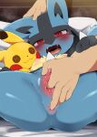  1girl 2023 anal anal_fingering anthro anus black_body black_fur blue_body blue_fur blush bodily_fluids dagasi double_fingering faceless_character faceless_human faceless_male fingering fur gen_1_pokemon gen_4_pokemon genital_fluids genitals high_res human human_fingering_anthro human_on_anthro interspecies looking_at_viewer looking_pleasured lucario male male/female mammal nintendo nude open_mouth pikachu plushie pokemon pokemon_(species) pussy pussy_juice pussy_juice_on_hand red_eyes solo_focus spread_legs spreading sweat sweatdrop tears tears_of_pleasure vaginal vaginal_fingering 