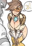 1boy 1girl :p banana bedroom_eyes big_breasts blush bottomless breasts brown_hair cleavage fruit gloves grey_fur hair_over_one_eye hands_on_own_knees jacket large_breasts leaning_forward lena_oxton maniacpaint naughty_face overwatch shivering short_hair sideass sweat tongue tongue_out tracer_(overwatch) visor winston_(overwatch)