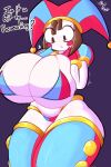  1girl big_breasts bra breasts brown_hair clown clown_girl mojiuwu pomni_(the_amazing_digital_circus) text the_amazing_digital_circus 