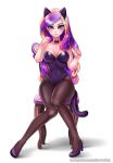 1girl breasts cat_ears cat_tail chair clothed female female_human female_only friendship_is_magic high_heels humanized leotard long_hair looking_at_viewer my_little_pony pantyhose princess_cadance racoonkun sitting solo three-tone_hair