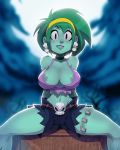 big_breasts cleavage green_hair green_skin red_eyes rottytops shantae spread_legs thick_thighs tight_clothing tovio_rogers zombie