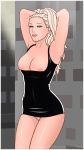  1girl arms_behind_head bedroom_eyes big_breasts black_dress blonde_hair blue_eyes bottomless breast_suppress breasts cleavage dress latex lips little_black_dress long_hair nipple_slip nipples original rplatt thighs wide_hips 