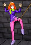  1girl bondage clothed daphne_blake dress dungeon egg_vibrator female hairband leg_lift orange_hair pantyhose pink_pantyhose redhead rope rope_bondage scooby-doo shackles shoes tights vibrator 