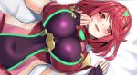 1girl alluring bangs big_breasts blush breasts cleavage covered_navel fingerless_gloves hair_ornament hand_on_own_cheek heroine looking_at_viewer lying_down nintendo nipple_bulge pyra red_eyes red_hair short_hair swept_bangs xenoblade_(series) xenoblade_chronicles_2