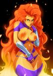 1_female 1_girl 1female 1girl breasts dc dc_comics female female_focus female_only female_solo green_eyes hand_on_pussy koriand'r long_hair orange_skin partially_nude red_hair redhead solo_female solo_focus starfire teen_titans thicc thigh_highs tovio_rogers