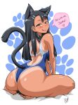  1girl animal_ears ass bayeuxman big_ass black_hair blush breasts cat_ears cat_tail eye_contact hayase_nagatoro ijiranaide_nagatoro-san long_hair looking_at_viewer looking_back nagatoro_hayase please_don&#039;t_bully_me,_nagatoro speech_bubble swimsuit tail tan_line tan_skin text thick_thighs 