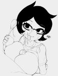 1girl black_hair cum glasses homestuck jane_crocker maruzyrukun monochrome paizuri short_hair spoon