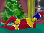 1girl big_breasts blue_hair bottomless choker christmas_tree cleavage dildo elbow_gloves indoors insertion laying_on_side legs legs_spread looking_at_viewer marge_simpson masturbation milf mostly_nude pubic_hair pussy red_outfit revealing_clothes santa_hat sexy slut smile stockings strandvaskaren the_simpsons thick_thighs yellow_skin