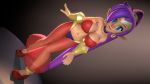  1girl 3d big_breasts blue_eyes breasts cleavage dark-skinned_female dark_skin dutch_angle earrings hair_ornament large_breasts legoguy9875 legs long_hair long_legs midriff navel pointy_ears ponytail purple_hair see-through see-through_clothes shantae shantae_(character) 