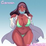 bedroom_eyes big_breasts black_eyes brown_eyes brown_hair chickpea dark-skinned_female dark_skin green_bikini hourglass_figure lab_coat labcoat mask masked masked_female milf milf plump presenting priyanka_maheswaran simple_background steven_universe thick_thighs thighs watermark