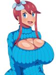  1girl bangs big_breasts blue_eyes breasts bust cleavage cleavage_cutout dark-skinned_female dark_skin flower flower_on_head fuuro_(pokemon) huge_breasts looking_at_viewer open_mouth pokemon pokemon_bw red_hair skyla sweater 