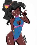  african black_girl black_hair brown_eyes dark-skinned_female dark_skin ebony one-piece_swimsuit swimsuit thighs very_dark_skin winking 