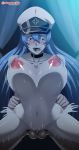 1boy 1girl akame_ga_kill! big_breasts blue_eyes blue_hair dkir esdeath hat sex straight tongue tongue_out vaginal_penetration